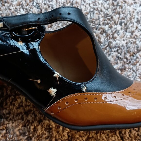 John Fluevog - Ella Baker Black Floral & Orange brogued heel with cutout - Picture 4 of 10